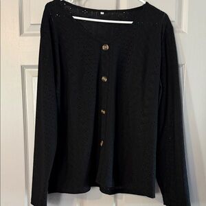Black Eyelet Button-Front Long Sleeve Top